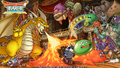 A Slime Knight and its steed frightened by a Great dragon's fire breath attack.