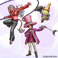 A male Luminary (center) from Dragon Quest X wearing the star's suit.